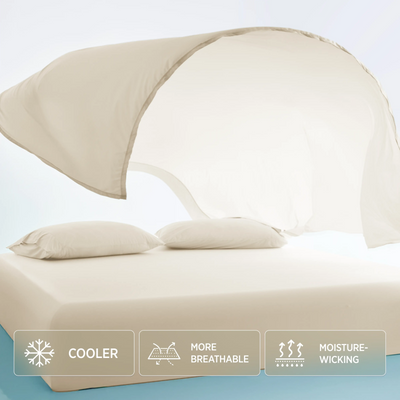 Breescape ivory cooling sheets and pillows with BlendTek™ technology for breathability and moisture-wicking.