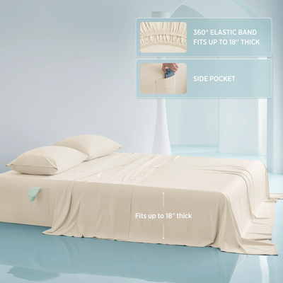 Breescape ivory cooling sheets: side pocket, 360° elastic band fits 18" mattresses.