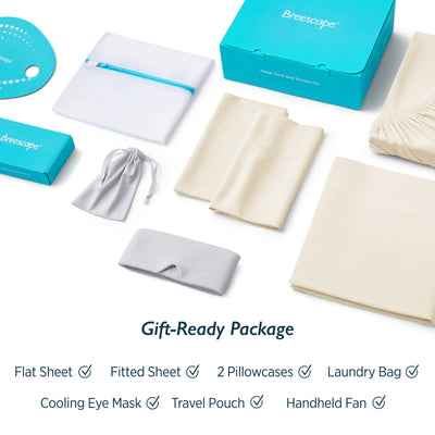 Breescape ivory cooling sheets, misty grey eye mask, laundry bag, travel pouch gift bundle.