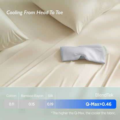 Beige bedding set with a cooling fabric feature label on a light background