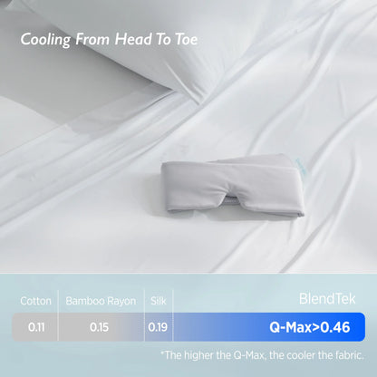 Gray sleep mask on a white fabric background with text about cooling properties.
