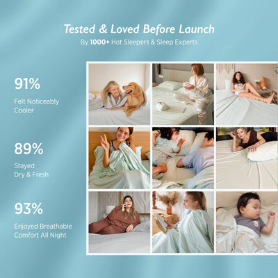 Breescape cooling comforter bundle tested by 1000+ hot sleepers: 91% cooler, 89% dry, 93% breathable comfort.