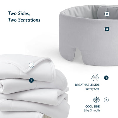 Breescape snow white comforter & misty grey eye mask: dual-sided cool & breathable for hot sleepers.