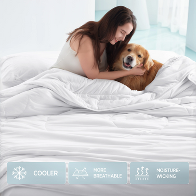 Breescape snow white cooling comforter: whole-night cooling, breathability, moisture-wicking for hot sleepers.