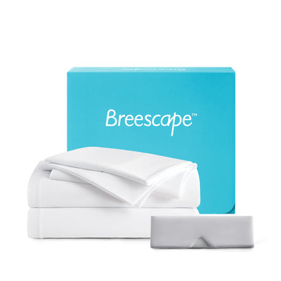 Breescape snow white cooling sheets, misty grey eye mask, and blue branded box bundle featuring BlendTek™ tech.