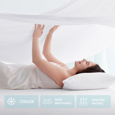 Snow white Breescape cooling sheets showing cooler, breathable, moisture-wicking comfort.