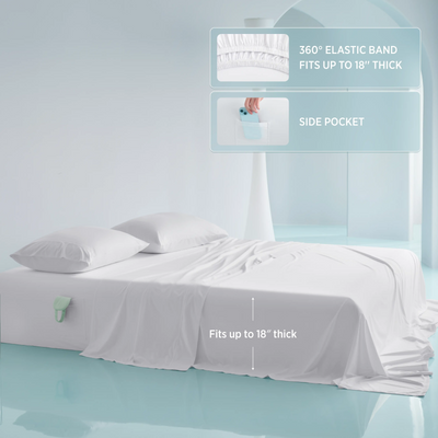Breescape snow white cooling sheet set with side pocket and 360° elastic band fitting 18" thick mattresses.