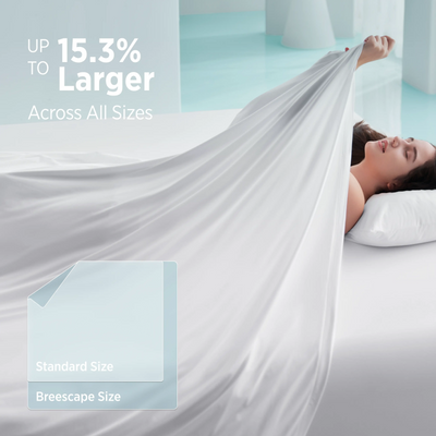 Snow white Breescape breathable cooling sheets, 15.3% larger than standard for hot sleepers.