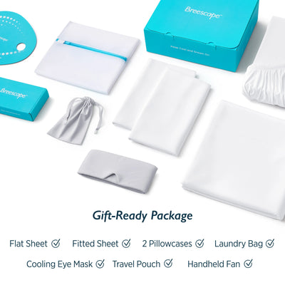 Breescape breathable cooling sheet set & eye mask bundle: snow white bedding, mist grey mask, laundry bag, twilight blue box.