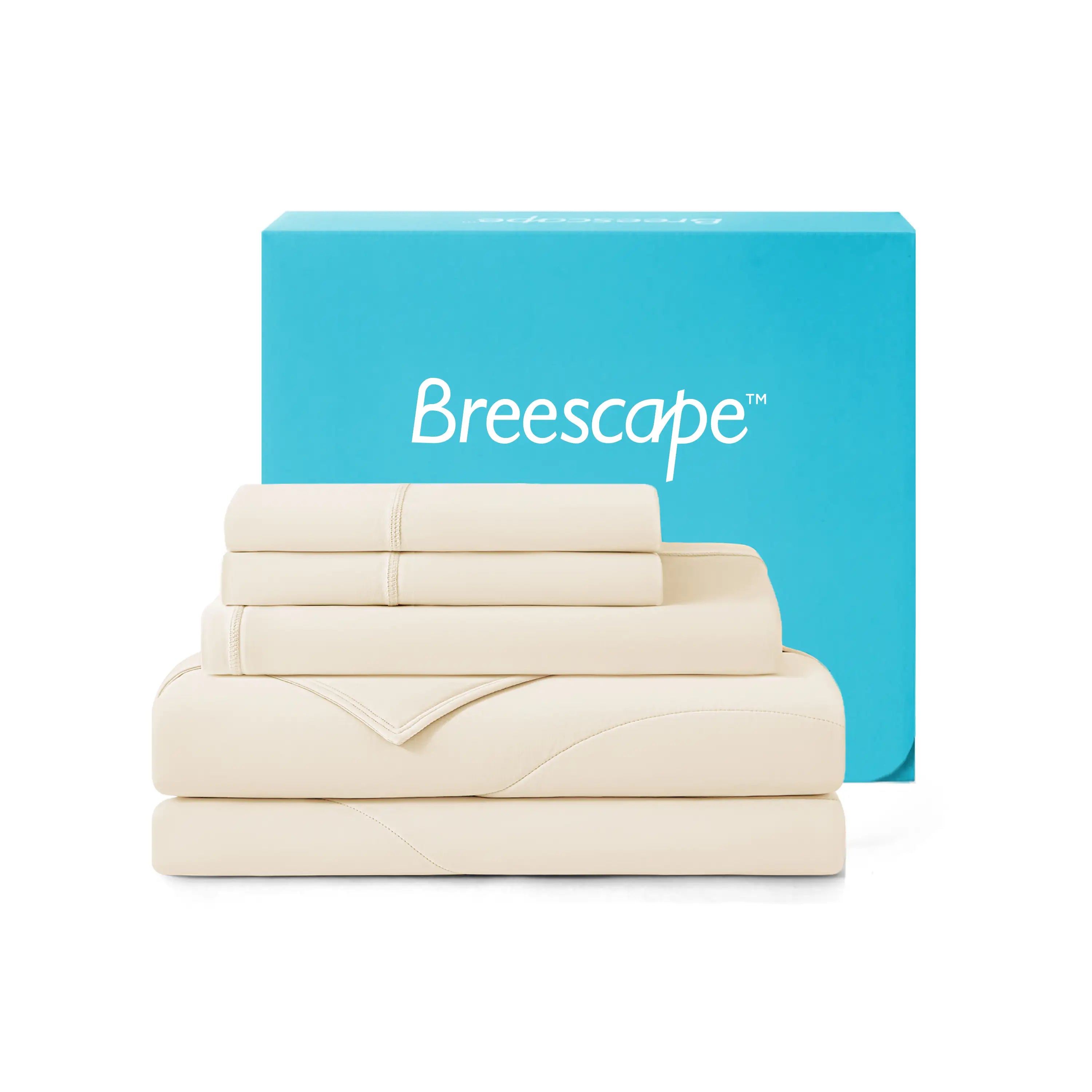 Stack of beige bedding sheets with a blue box labeled 'Breescape' on a white background #color_ivory