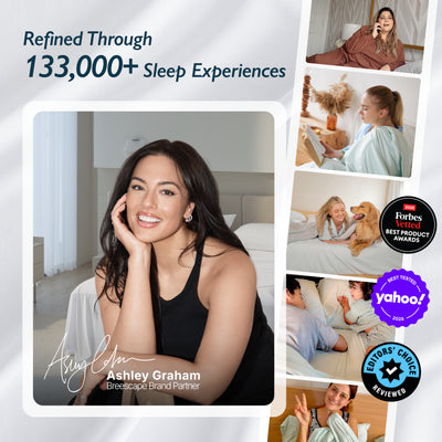 Ashley Graham, Breescape Brand Partner, with award-winning cooling sheets.
