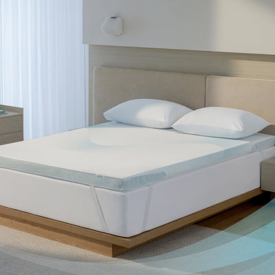 Breescape cooling mattress topper for hot sleepers with breathable twilight blue mesh edge.