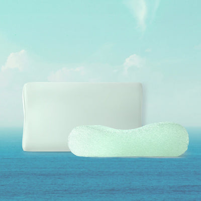 Two pillows, one rectangular and one cylindrical, on a gradient background from light blue to dark blue.