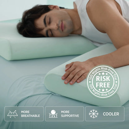 Person lying on a green pillow with a 'Risk Free' guarantee badge and product benefits displayed. #color_mint-green