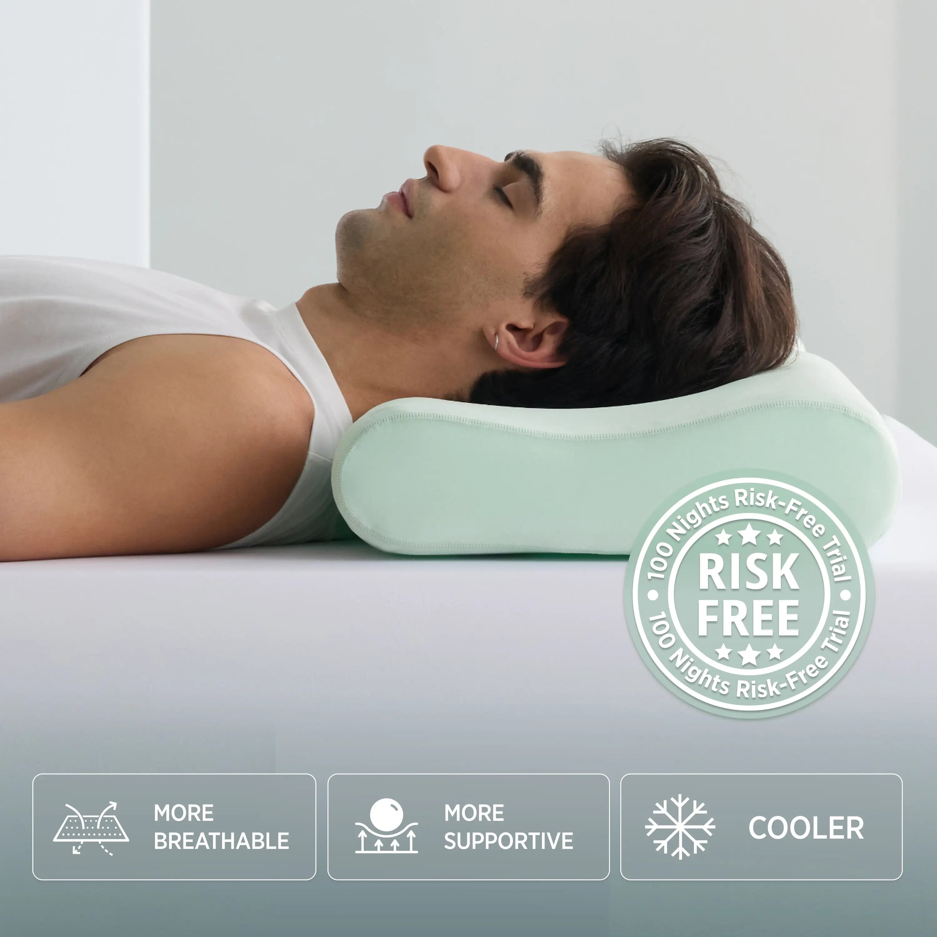 Man lying on a bed with a green neck pillow, featuring a risk-free guarantee badge.