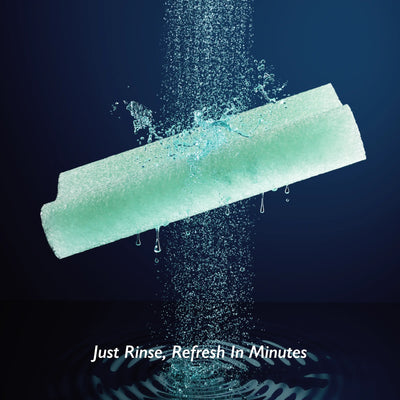 Green cleaning pad with water droplets on a dark background, text 'Just Rinse, Refresh In Minutes' below. #color_mint-green