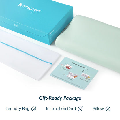 Breescape gift-ready package with laundry bag, instruction card, and pillow on a white background #color_mint-green