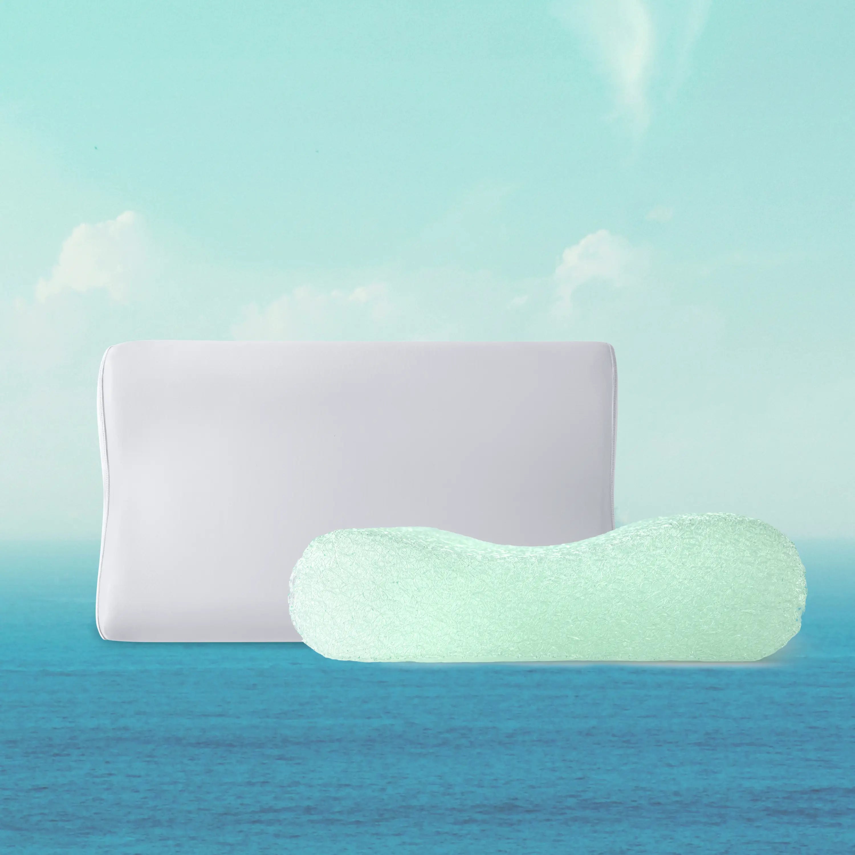 Two pillows, one rectangular and one curved, on a gradient background from light blue to dark blue.