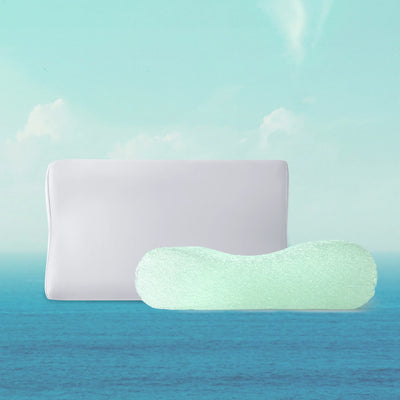 Two pillows, one rectangular and one curved, on a gradient background from light blue to dark blue.