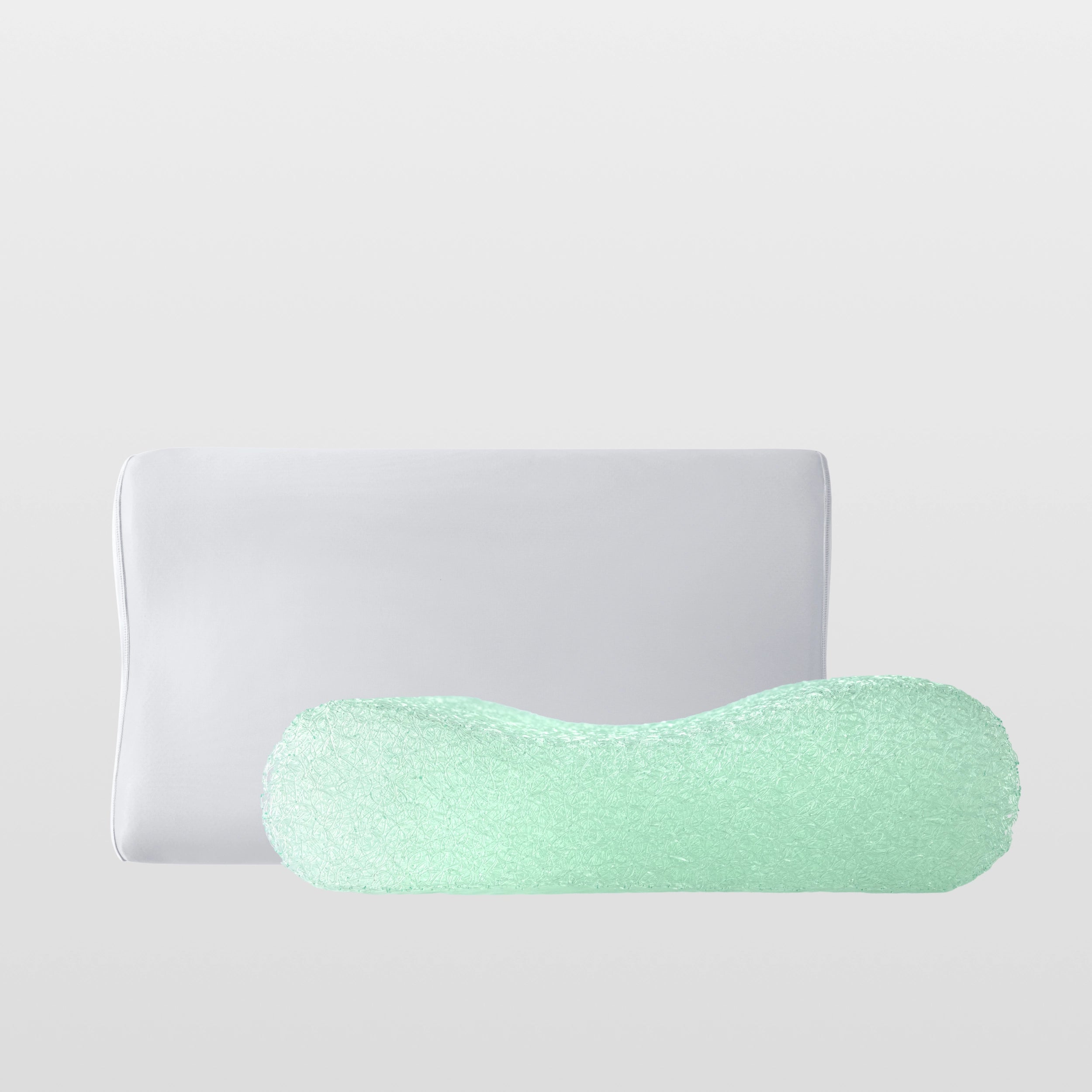 Misty grey Breescape AiryWeave cooling pillow with mint green 3D air-knit core, offering breathable airflow and cool touch.