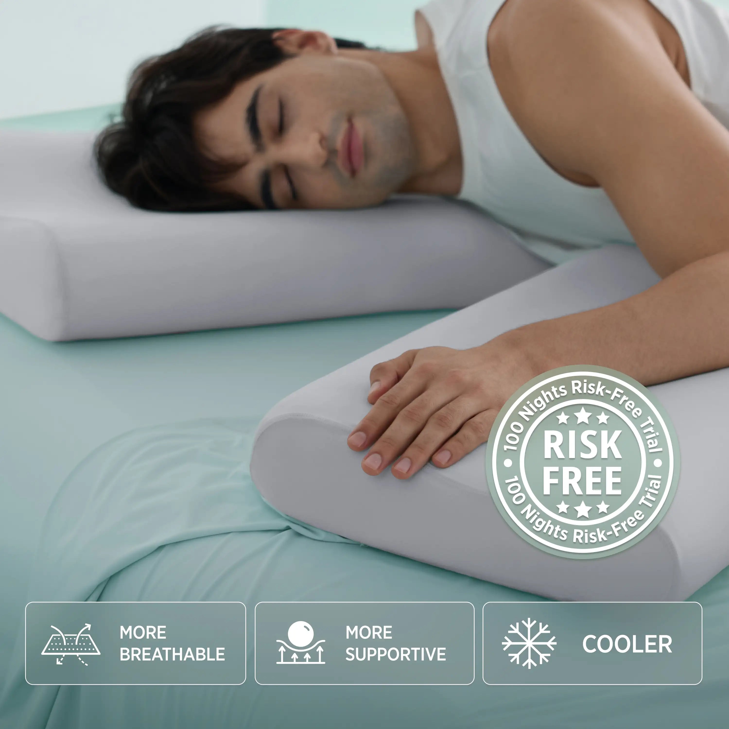 Person sleeping on a white pillow with a 'Risk Free' guarantee badge and product benefits listed. #color_misty-grey