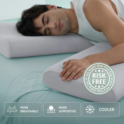 Person sleeping on a white pillow with a 'Risk Free' guarantee badge and product benefits listed. #color_misty-grey