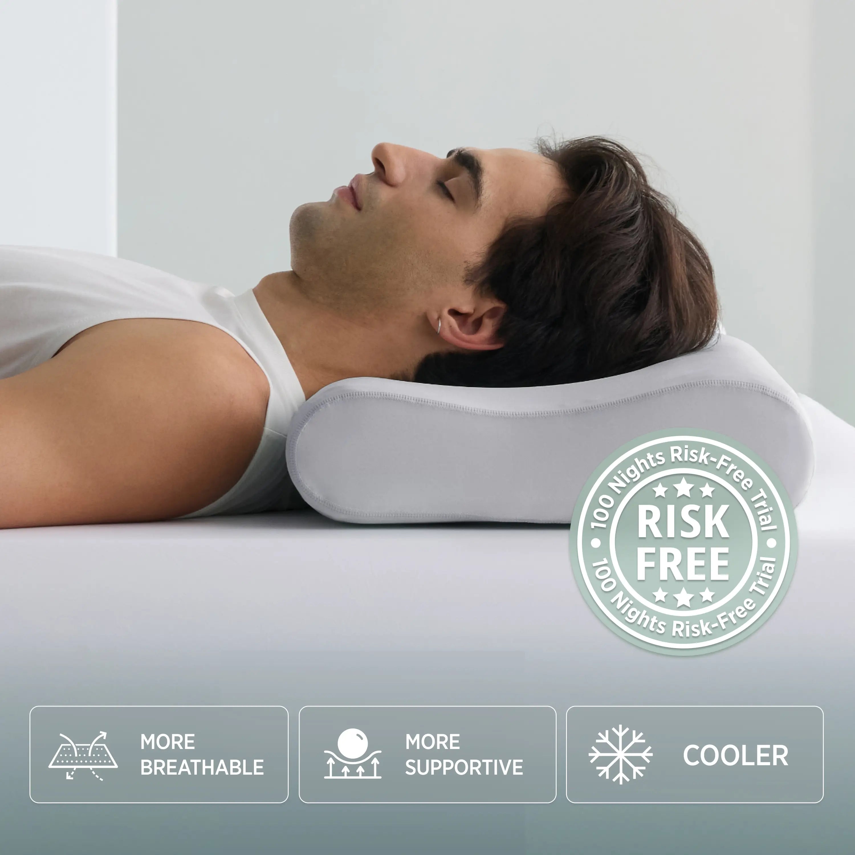Man lying on a white bed with a gray neck pillow, featuring a risk-free guarantee badge.