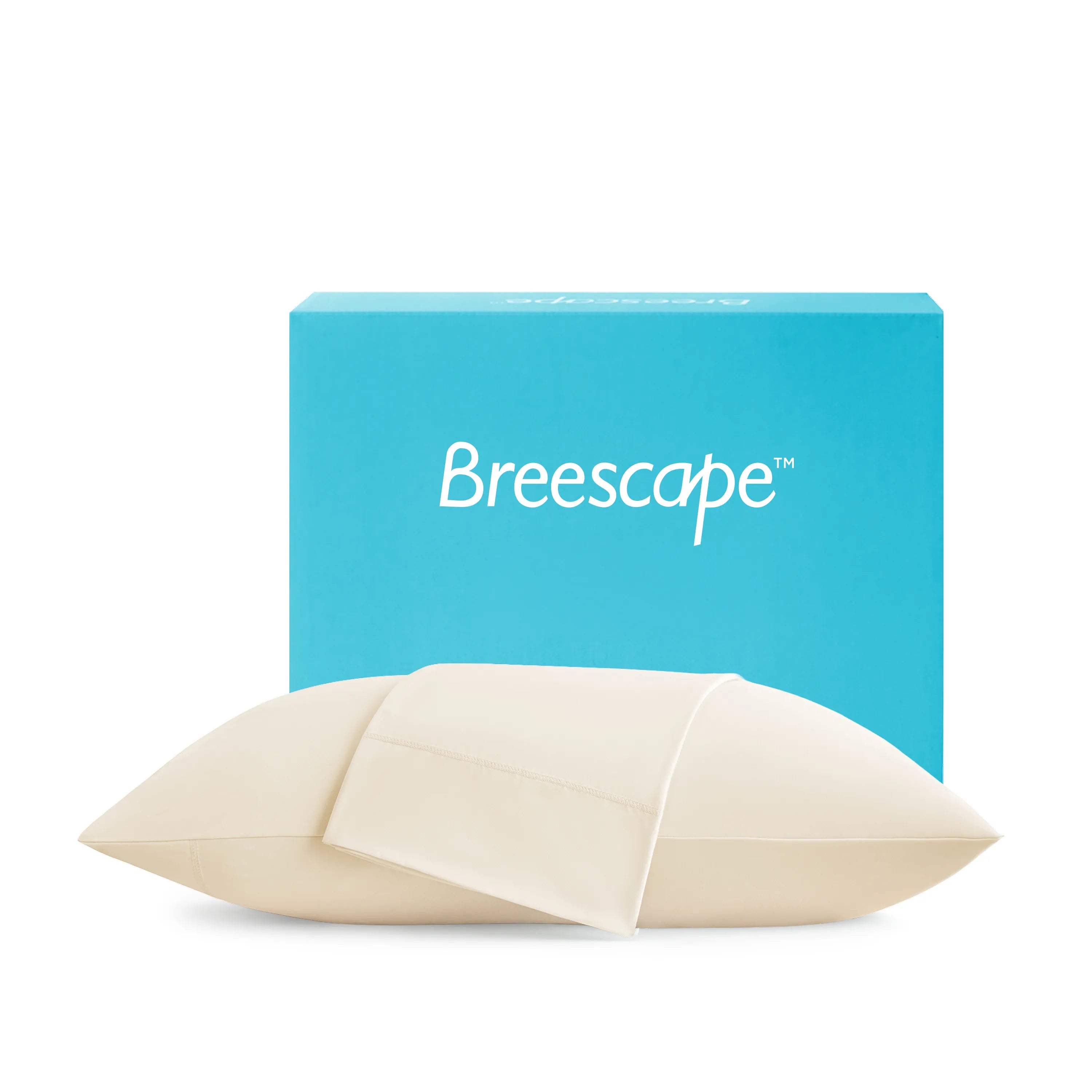 Breescape product packaging with a blue box and beige product on a white background Ashley Graham Pick Breescape Cooling Pillowcase #color_ivory