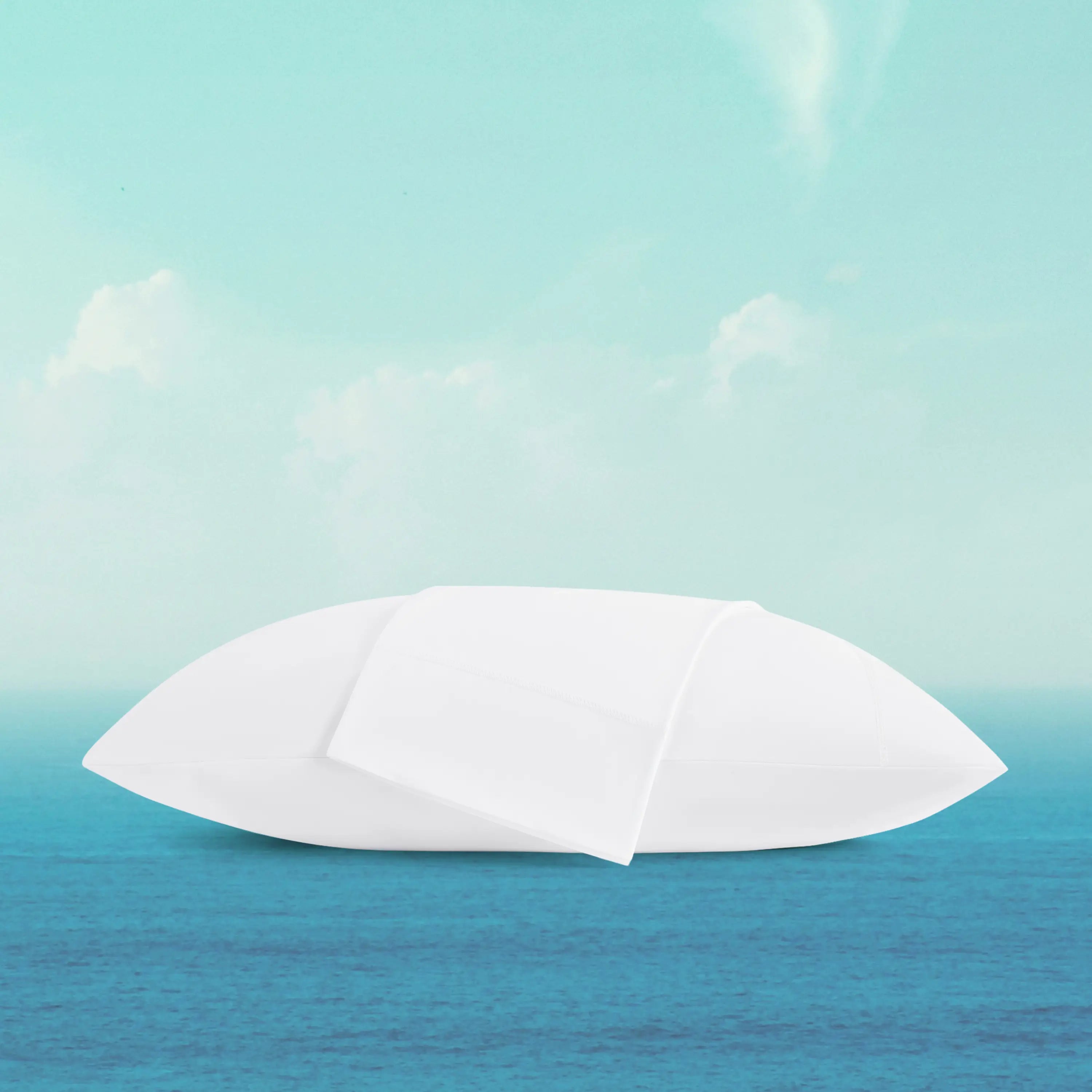 White umbrella floating on a blue surface with a light blue gradient background