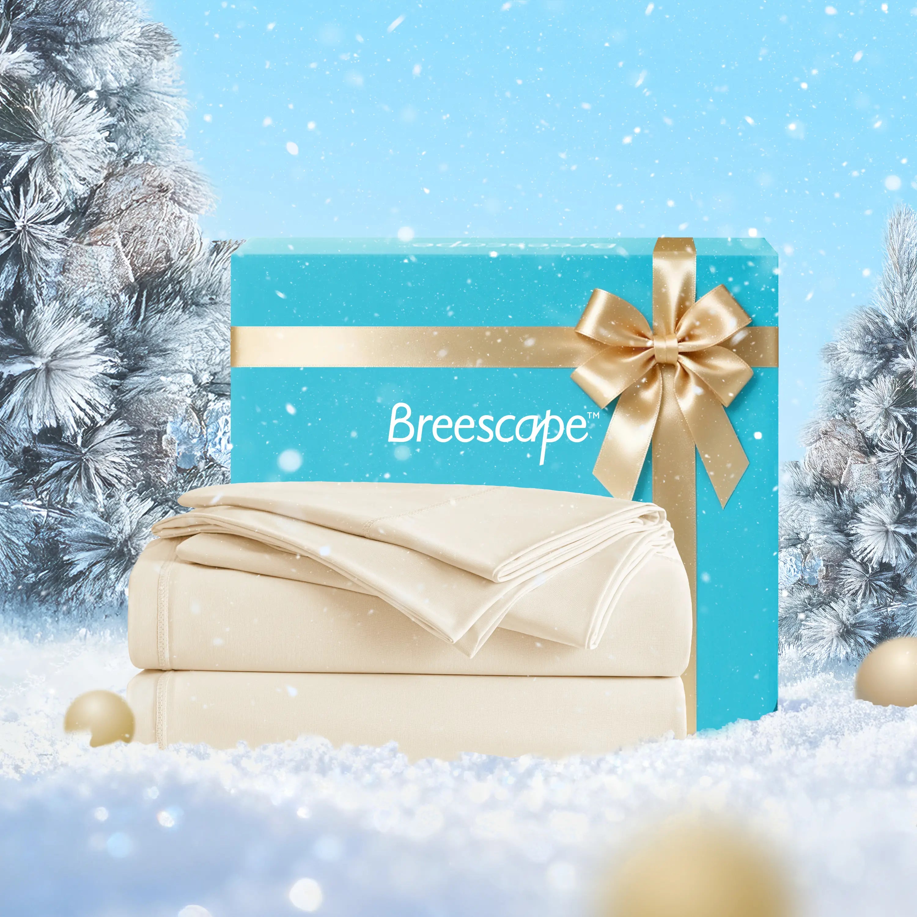Gift box with a gold bow and 'Breescape' branding on a snowy background
