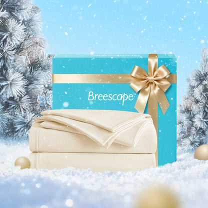 Gift box with a gold bow and 'Breescape' branding on a snowy background