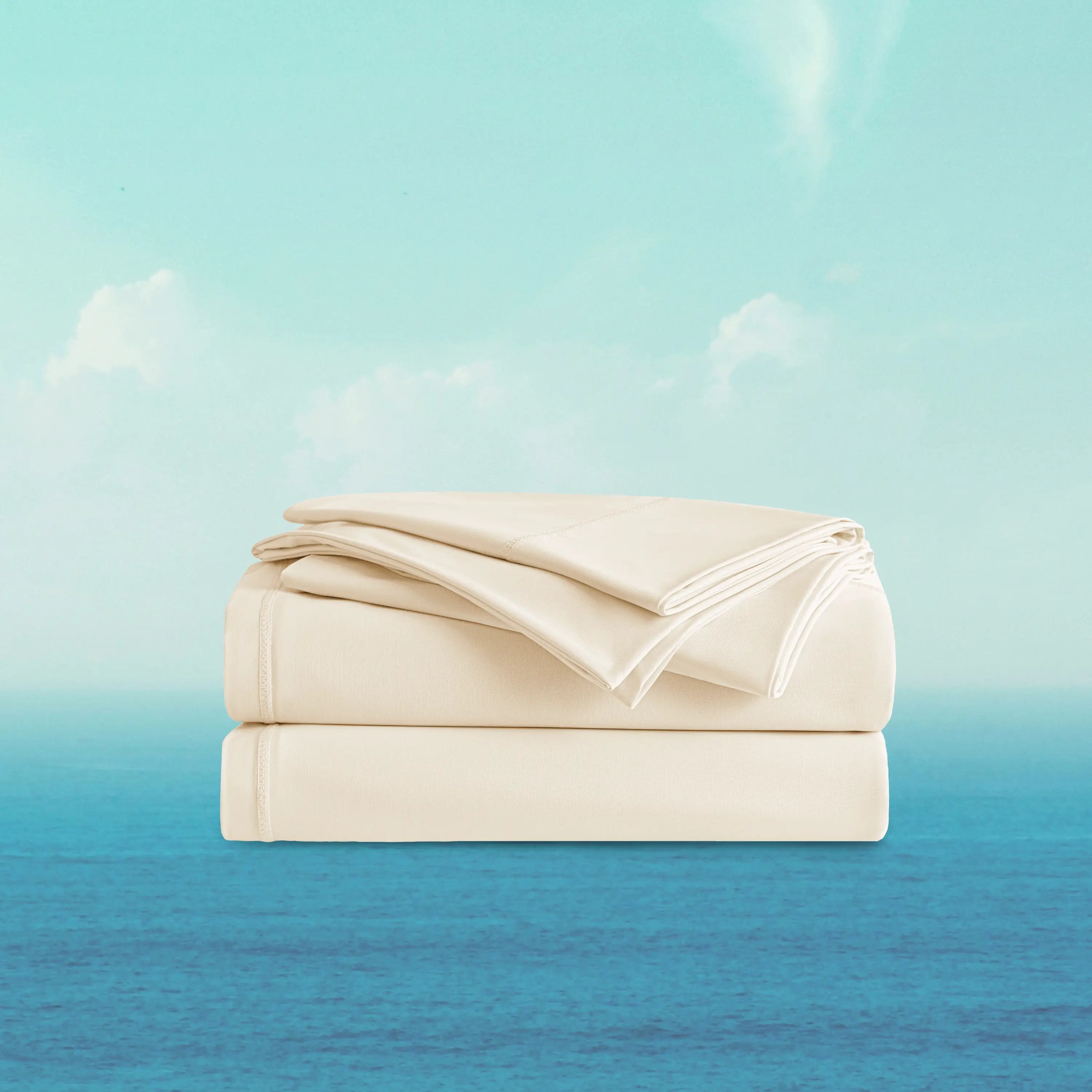 Folded beige blanket on a gradient background