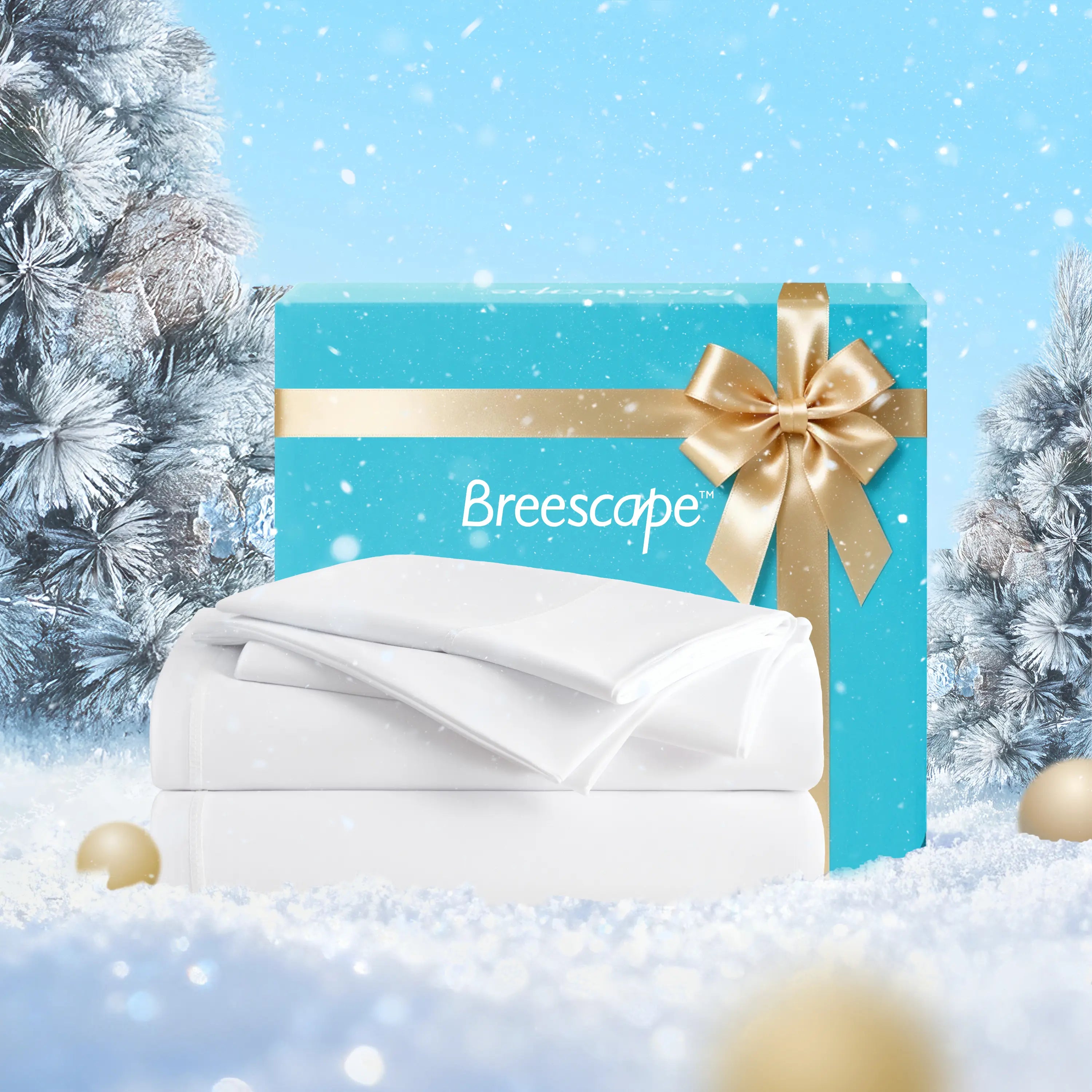 Breescape product packaging with a gold bow against a snowy background