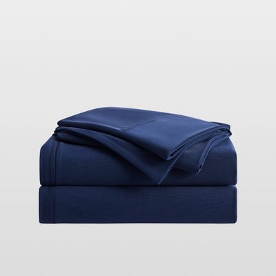 Breescape twilight blue cooling sheets, breathable bedding for hot sleepers.