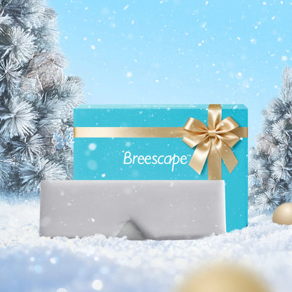 Blue gift box with gold ribbon and 'Breescape' branding on a snowy background