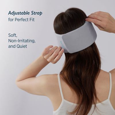 Misty grey Breescape cooling eye mask with adjustable strap for perfect fit, soft, non-irritating, and quiet.