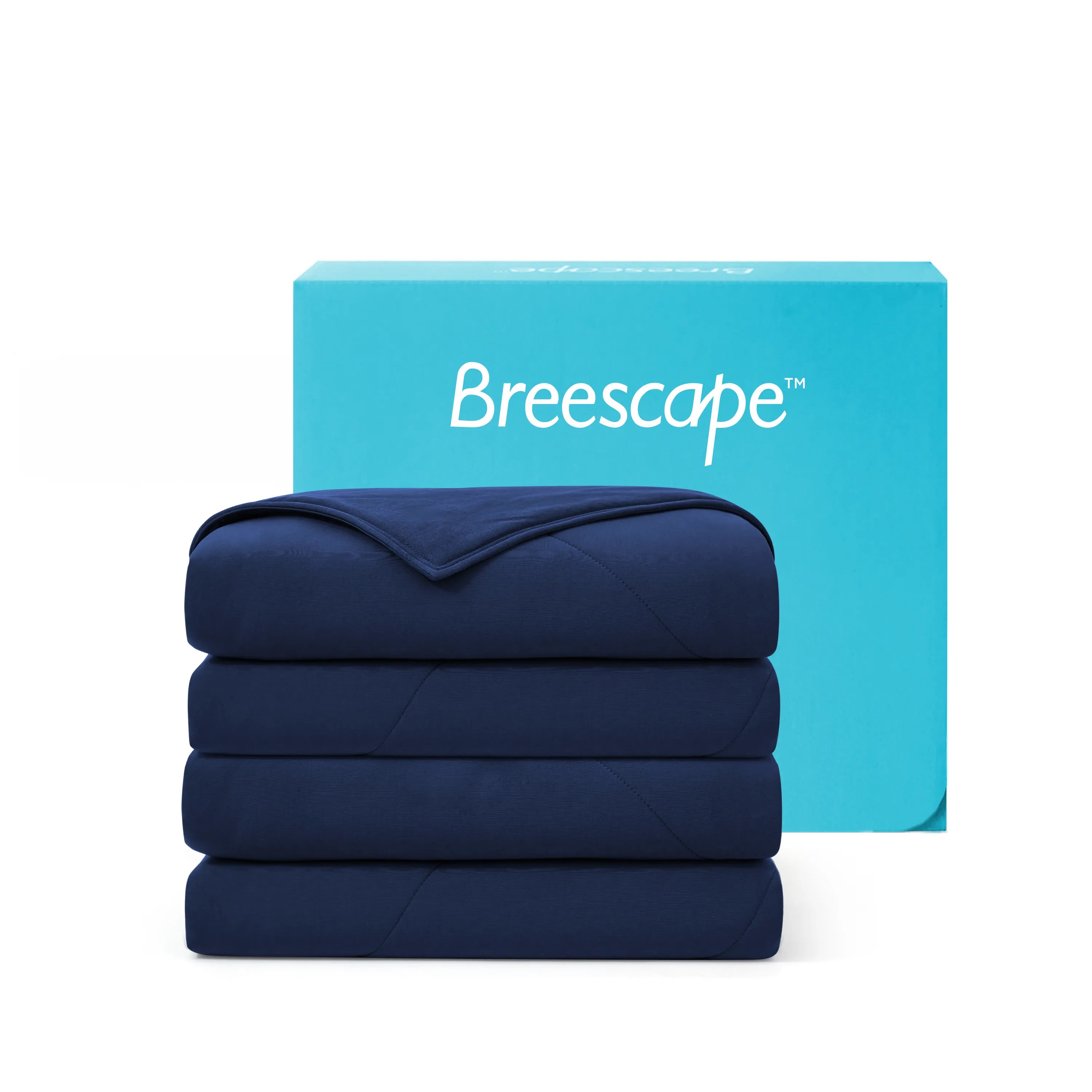 Stack of blue blankets with a Breescape box in the background on a white background #color_twilight-blue