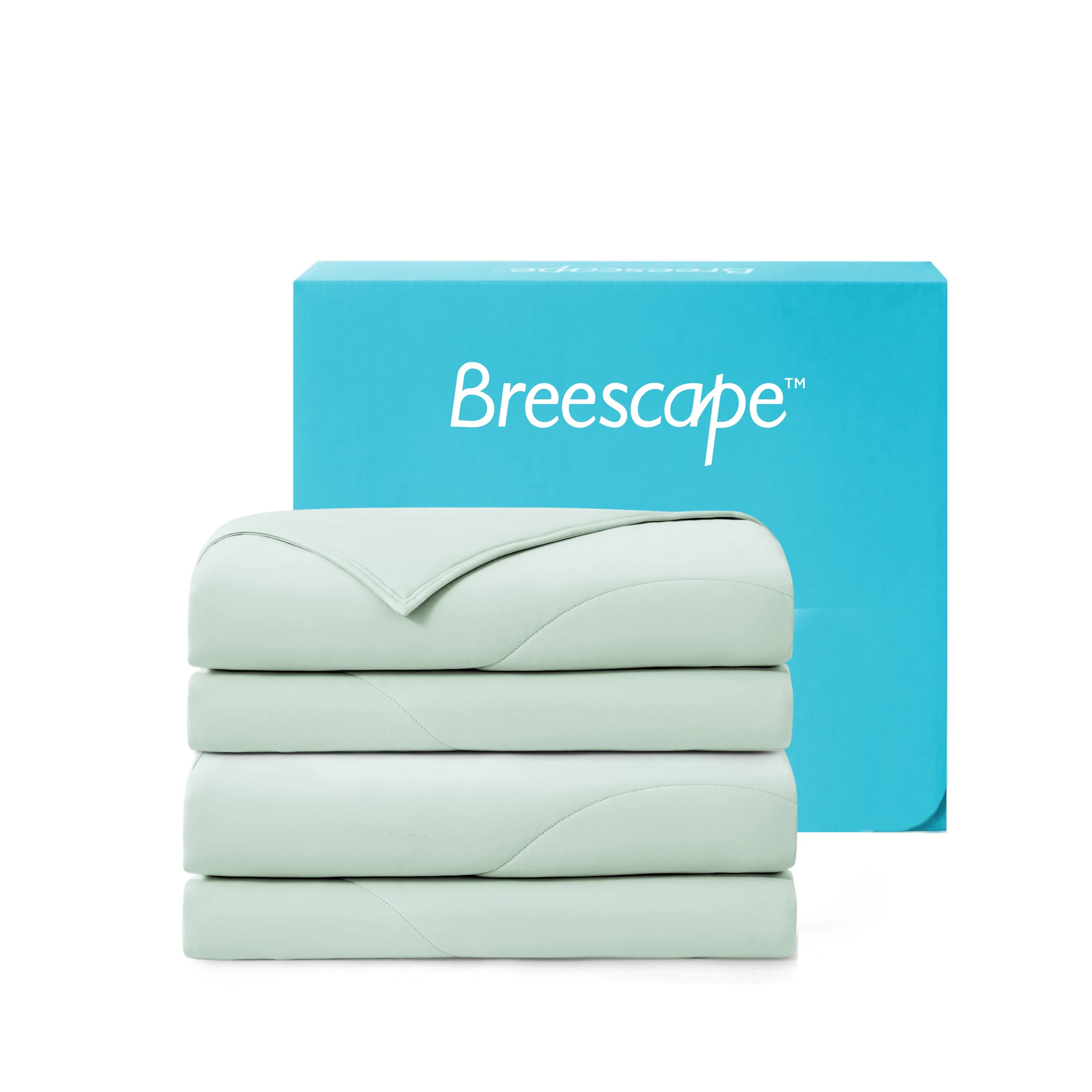 Stack of light green bedding with a blue box labeled 'Breescape' on a white background #color_mint-green