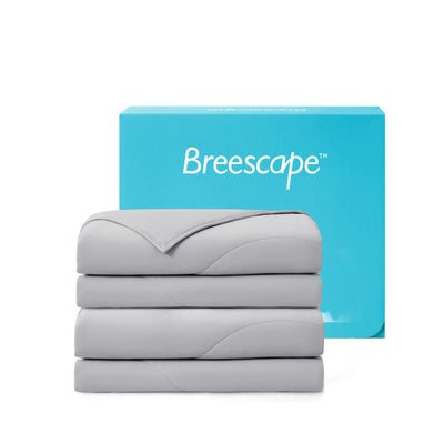 Stack of gray bedding with a blue Breescape box on a white background 