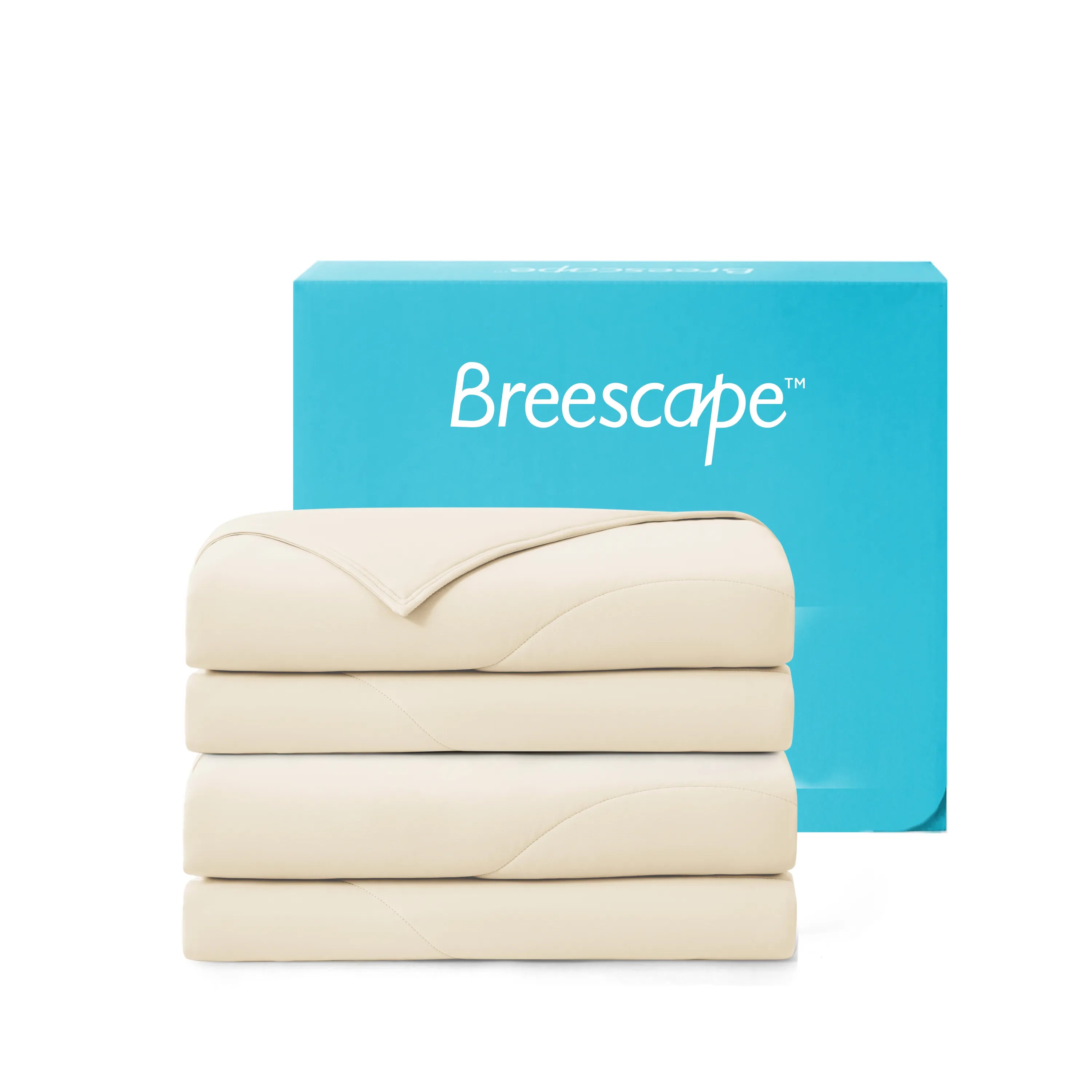 Stack of beige sheets with a blue Breescape box on a white background #color_ivory
