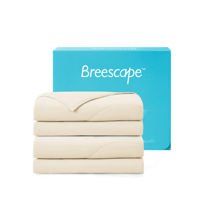 Stack of beige sheets with a blue Breescape box on a white background 