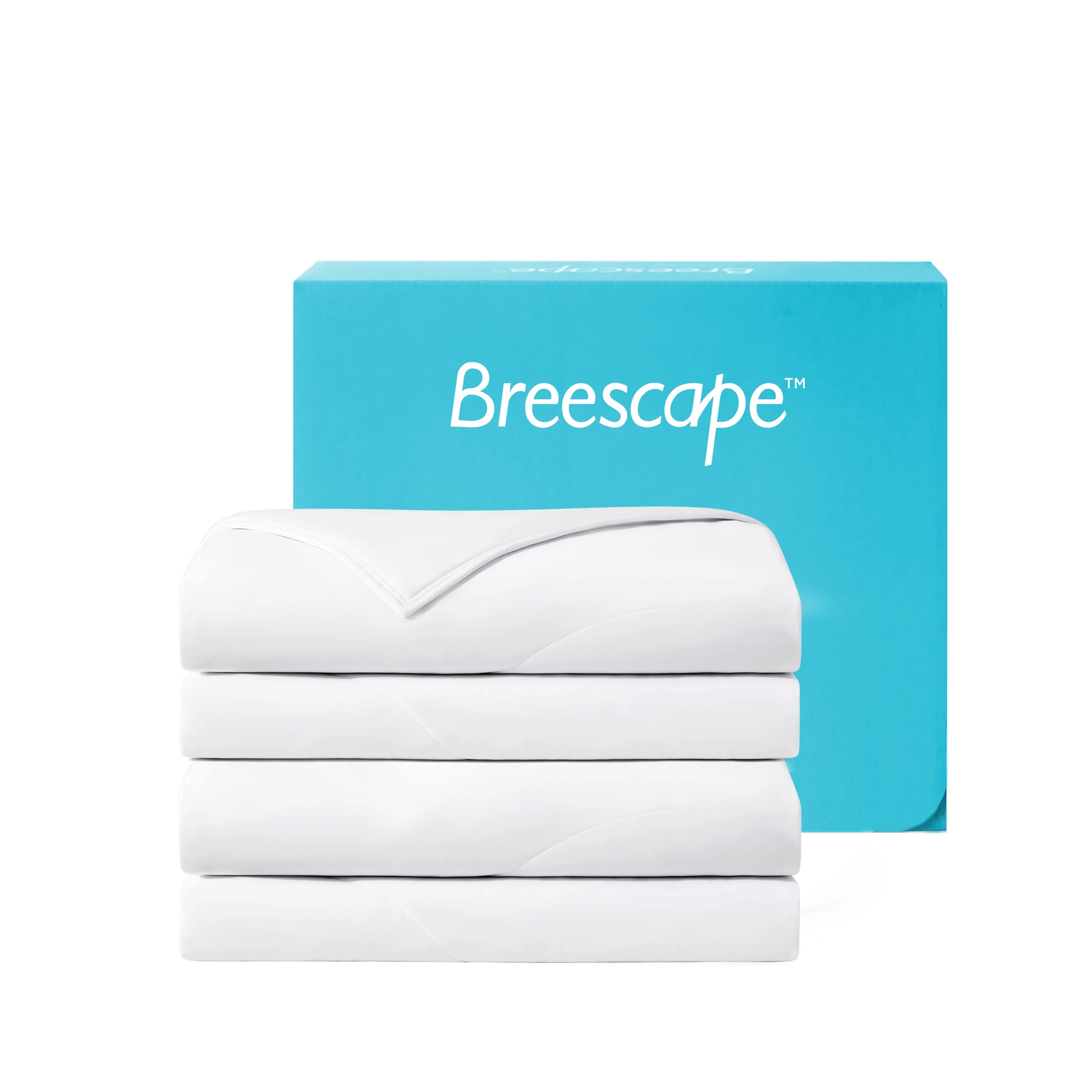 Stack of white sheets with a blue Breescape box on a white background #color_snow-white