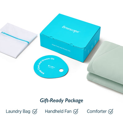 Breescape cooling comforter gift set: teal box, laundry bag, fan, and mint green comforter.