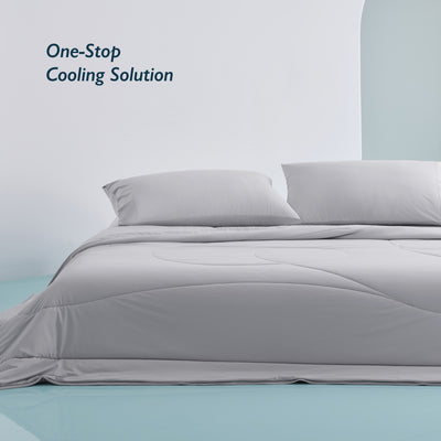 Breescape cooling comforter set in misty grey, featuring a breathable design for hot sleepers.