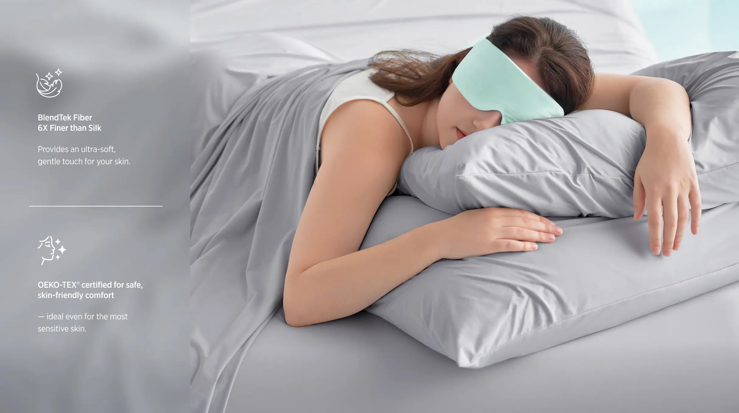 Woman sleeping on a bed with gray bedding and a sleep mask, with text about fabric properties.