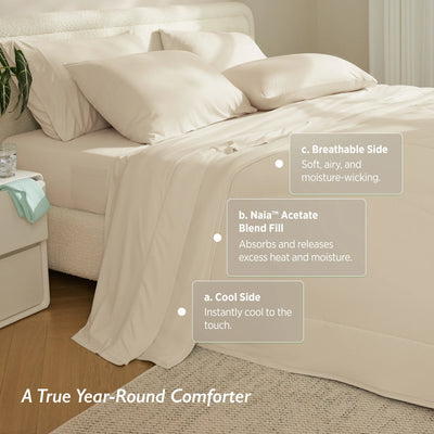 Breescape ivory cooling comforter dual-sided design with instantly cool-to-touch side and soft airy breathable side.