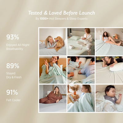 Breescape ivory cooling comforter real user reviews collage including dog owners. Tested by 1000+ sleepers: 93% breathability, 89% dry.