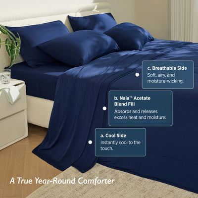 Breescape twilight blue cooling comforter moisture-wicking technology and instant cooling layers for hot sleepers.