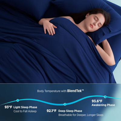 Woman sleeping under twilight blue Breescape comforter with BlendTek™ sleep temp graph. Cooling for hot sleepers.