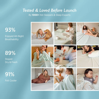 Collage of people using a product with text on a blue background Ashley Graham Recommends Breescape Cooling Pillowcase #color_snow-white